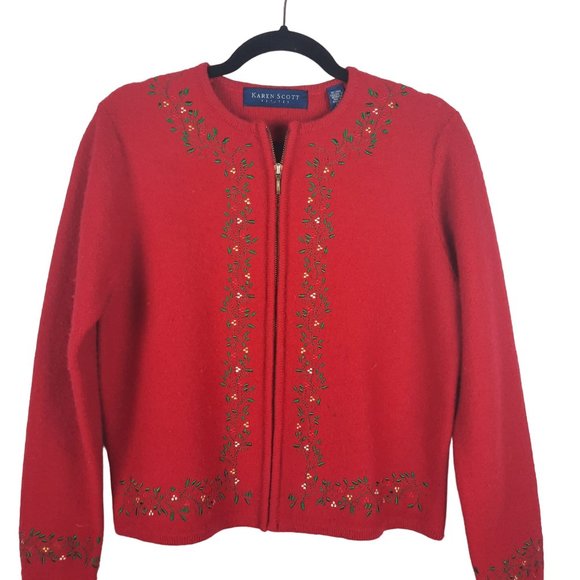 Karen Scott Pure Wool Cardigan Full Zip Bright Red Embroidered - Picture 1 of 10